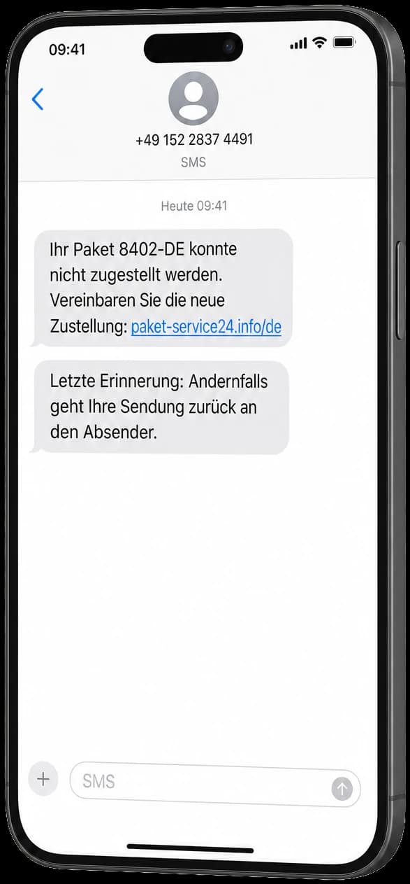 Smartphone mit simulierter Smishing-SMS: eine angebliche Paketbenachrichtigung mit Link auf eine fremde Domain.